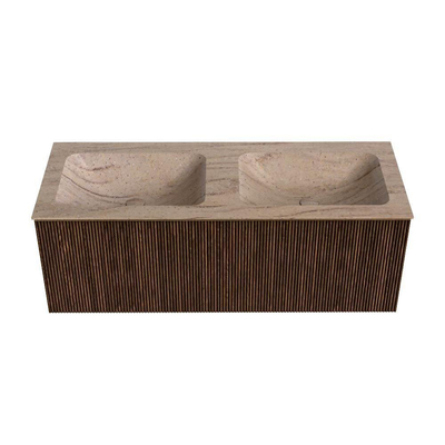 MONDIAZ KURVE-DLUX meuble de salle de bains 120cm couleur Walnut avec 1 tiroir et 0 porte. Lavabo LEAF double 2 trous de robinet Saba.