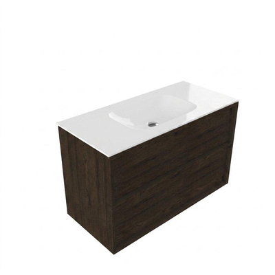 Saniclass Holz Frame Ensemble de meubles de salle de bains - 100x45x61.5cm - Flow lavabo en solid surface blanc - 1 vasque - sans trou de robinet - 2 tiroirs - chêne charcoal mat (bois)