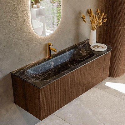 MONDIAZ KURVE-DLUX meuble de salle de bains 135cm avec module 25 R couleur noyer avec 1 tiroir et 1 porte. Vasque BIG MEDIUM gauche 1 trou de robinetterie couleur lave.
