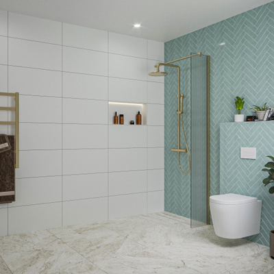 FugaFlow Eccelente Vetro inloopdouche badkamer - 30x200cm - ribbelglas - wandarm - geborsteld messing