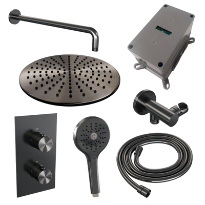 Brauer Gunmetal Edition Douche pluie thermostatique avec pommeau 30cm et bras mural courbé 40cm et douchette Rond 3 jet flexible lisse avec coude mural Gunmetal brossé PVD