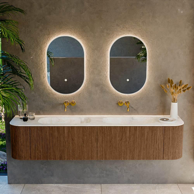 MONDIAZ KURVE-DLUX 200cm Meuble salle de bain avec module 25 G et D - couleur Walnut - 2 tiroirs - 2 portes - vasque STOR SMALL double - sans trou de robinet - couleur Ostra