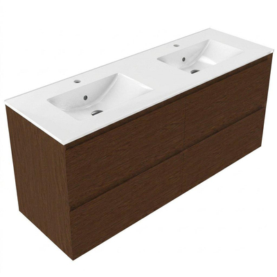 Saniclass Holz Pure Ensemble de meubles de salle de bains - 140x45x62cm - lavabo Vygo en céramique blanc - 2 vasques - 2 trous de robinet - 4 tiroirs - brillant walnut pure (bois)
