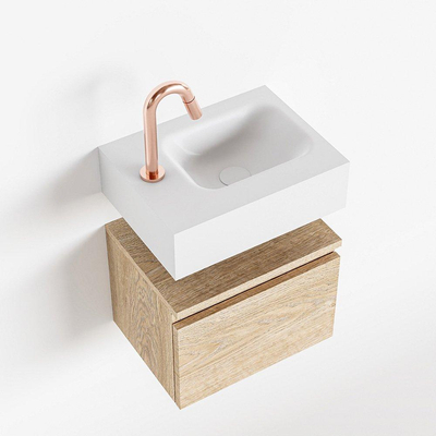 MONDIAZ ANDOR Toiletmeubel - 40x30x30cm - 1 kraangat - 1 lades - washed oak mat - wasbak rechts - Solid surface - Wit