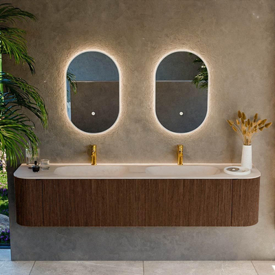 MONDIAZ KURVE-DLUX 200cm meuble de salle de bains arrondi Gauche + Droite couleur Noyer avec 2 tiroirs et 2 portes. Lavabo STOR SMALL Double 2 trous de robinet Meli.