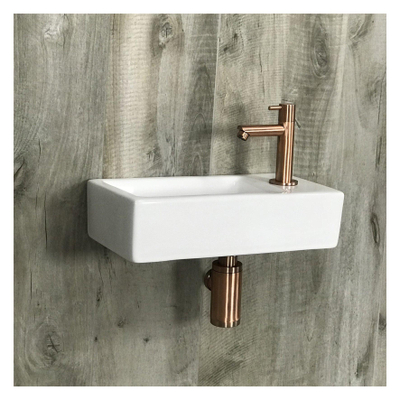 Differnz Hura kit lave-mains - 37,5x18,5x9cm - Rectangulaire - 1 trou de robinet - Robinet droit en cuivre rose - Céramique blanche