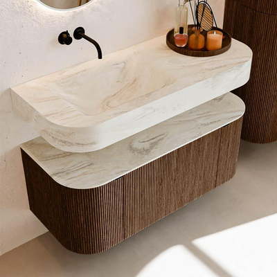 MONDIAZ THOR-DLUX 110cm badmeubel ronding links + rechts kleur Walnut met 1 lade en 2 deuren. Vrijhangende wastafel CLOUD Links zonder kraangat kleur Ostra.