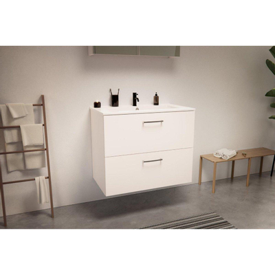 Nemo Go Ensemble de meuble - 80x65x45.5cm - 2 tiroirs - avec poignée - 1 vasque Blanc brillant - 1 trous de robinet - avec armoire toilette - MDF standard white