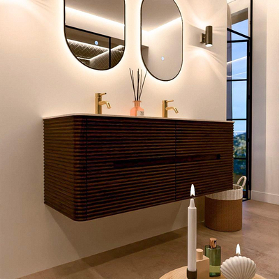 Mondiaz CIRO-DLUX Badkamermeubelset - 130x45x50cm - Solid surface wastafel Meli - 2 wasbak Dubbel - 2 kraangaten - 4 lades - Walnut