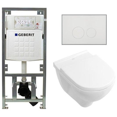 Villeroy & Boch O.novo set de toilettes avec réservoir de chasse encastré Geberit avec cuvette suspendue à évacuation profonde blanche, abattant softclose et plaque de commande à boutons ronds blanche
