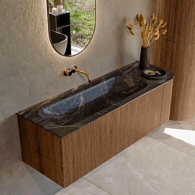 MONDIAZ KURVE-DLUX 135cm Meuble salle de bain avec module 25 D - couleur Walnut - 1 tiroir - 1 porte - vasque BIG MEDIUM gauche - sans trou de robinet - couleur Lava