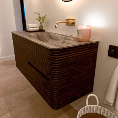 Mondiaz CIRO-DLUX Meuble de salle de bains - 110x45x50cm - Plan vasque solid surface Sombra - 1 lavabo à droite - sans trous de robinetterie - 2 tiroirs - Noyer