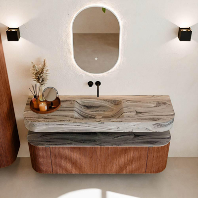 MONDIAZ THOR-DLUX 150cm meuble de salle de bains arrondi gauche + droite couleur Ruby avec 1 tiroir et 2 portes. Vasque suspendue CLOUD Centre sans trou de robinet couleur Sombra.