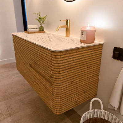 Mondiaz CIRO-DLUX Badkamermeubelset - 110x45x50cm - Solid surface wastafel Nata - 1 wasbak Rechts - 1 kraangat - 2 lades - Oak