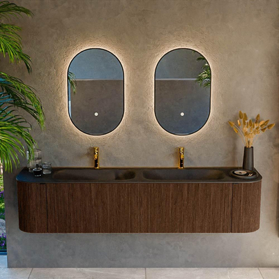 MONDIAZ KURVE Meuble de salle de bains 190cm avec module 25 Len R couleur Walnut avec 2 tiroirs et 2 portes. Lavabo BIG SMALL double 2 trous de robinet Urban.