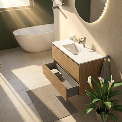 Saniclass Holz Pure Ensemble meuble de salle de bains - 100x45x62cm - Vygo lavabo en céramique blanc - 1 vasque - 1 trou de robinet - 2 tiroirs - chêne natural mat (bois)