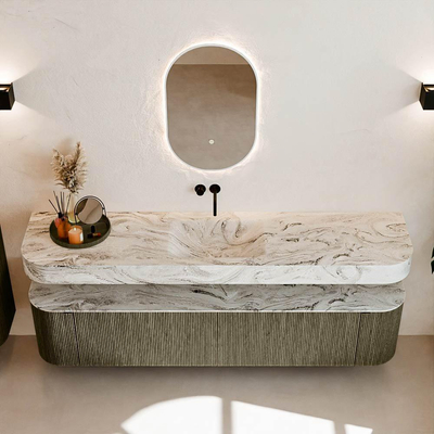 MONDIAZ THOR-DLUX 200cm meuble de salle de bains arrondi gauche + droite couleur Shadow avec 2 tiroirs et 2 portes. Vasque suspendue CLOUD Milieu sans trou de robinet couleur Glace.