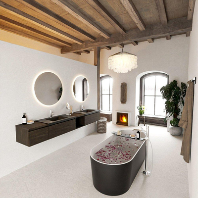 MONDIAZ BUKLA 240cm ensemble de meuble avec module ouvert 40 à droite couleur Marron Foncé avec 3 tiroirs. Lavabo CLOUD double 2 trous de robinet couleur Urban.