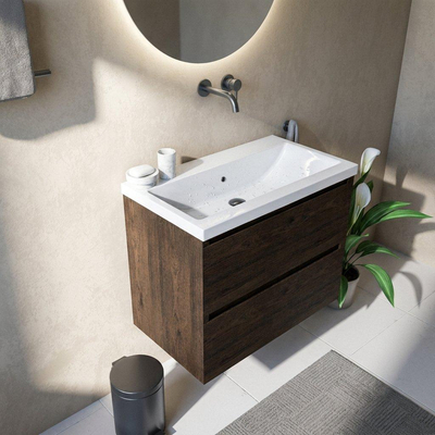 Saniclass Holz Pure Ensemble de meuble de salle de bains - 80x45x63.5cm - Lavabo en céramique Bari blanc - 1 vasque - sans trou de robinet - 2 tiroirs - chêne charcoal mat (bois)