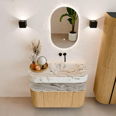 MONDIAZ THOR-DLUX 100cm meuble de salle de bains arrondi gauche + droite couleur Oak avec 1 tiroir et 2 portes. Vasque suspendue CLOUD Droite sans trou de robinet couleur Glace.