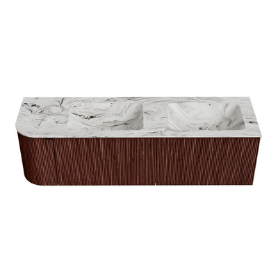 Mondiaz KURVE-DLUX Ensemble de meubles de salle de bains - 155x46x40cm - 2 tiroirs - 1 porte - lavabo solid surface - double / droite - sans trou de robinet - Ruby