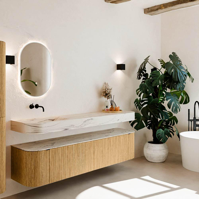 MONDIAZ THOR-DLUX 190cm meuble de salle de bains arrondi gauche + droite couleur Oak avec 2 tiroirs et 2 portes. Vasque suspendue CLOUD Gauche sans trou de robinet couleur Nata.