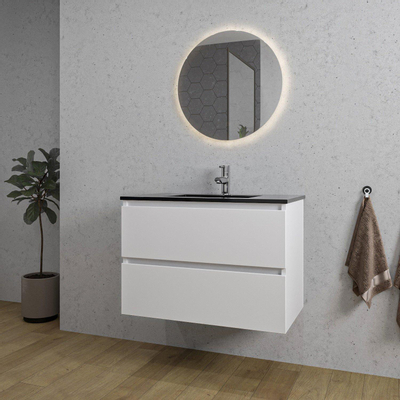 Saniclass Chaci Meuble de salle de bain - 80x46x55cm - lavabo en céramique noir - 1 vasque - sans trou de robinet - 2 tiroirs - ronde miroir avec éclairage - blanc mat