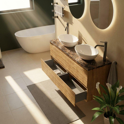 Saniclass Holz Pure Ensemble meuble de salle de bains - 140x45x63cm - Plan de travail en pierre naturelle Noche dark emperador - 2 trous de robinet - 4 tiroirs - chêne natural mat (bois)