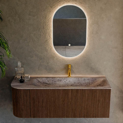 MONDIAZ KURVE-DLUX 125cm badmeubel ronding Links kleur Walnut met 1 lade en 1 deur. Wastafel BIG MEDIUM Rechts 1 kraangat Oza.