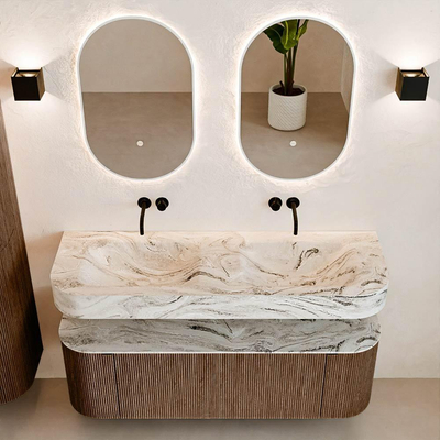 MONDIAZ THOR-DLUX 140cm badmeubel ronding links + rechts kleur Walnut met 1 lade en 2 deuren. Vrijhangende wastafel CLOUD Dubbel zonder kraangat kleur Glace.