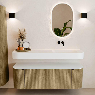 MONDIAZ THOR 140cm meuble de salle de bains arrondi gauche + droite couleur Dusk avec 1 tiroir et 2 portes. Vasque suspendue CLOUD Droite sans trou de robinet couleur Talc.