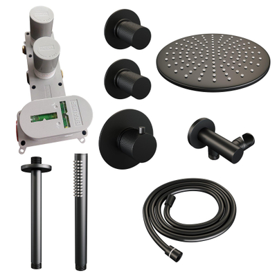 Brauer Black Carving Ensemble de douche de tête encastré - douche de tête 30cm - bras de plafond - 3 boutons carving - douchette barre 1 jet - noir mat