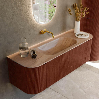 MONDIAZ KURVE-DLUX Meuble de salle de bains 140cm arrondi gauche + droite couleur Ruby avec 1 tiroir et 2 portes. Lavabo BIG SMALL central sans trou de robinet Saba.