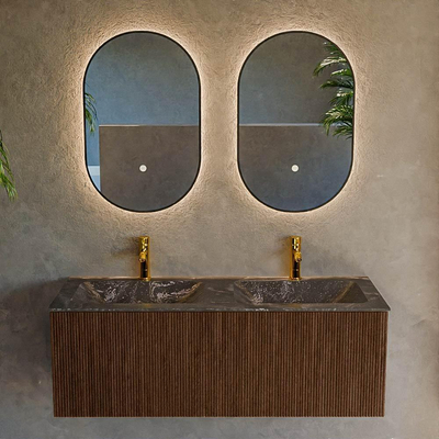 MONDIAZ KURVE-DLUX 120cm badmeubel kleur Walnut met 1 lade. Wastafel LEAF dubbel 2 kraangaten kleur Lava.