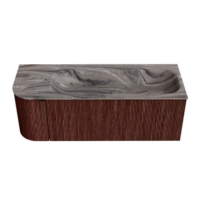MONDIAZ KURVE-DLUX 125cm badmeubel ronding Links kleur Ruby met 1 lade en 1 deur. Wastafel BIG MEDIUM Rechts zonder kraangat Sombra.