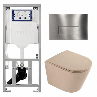 QeramiQ Dely Pack WC - 36,3x51,7cm - à fond creux - sans bride - réservoir encastré Geberit UP320 - abattant WC à fermeture douce - plaque de commande en acier - boutons rectangulaires - beige mat