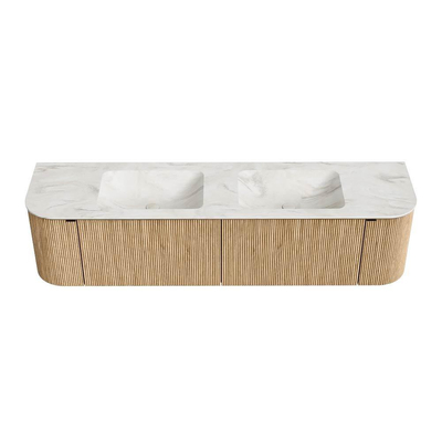 MONDIAZ KURVE-DLUX Meuble de salle de bains 180 cm avec module 25 Len R couleur Oak avec 2 tiroirs et 2 portes. Lavabo LEAF double sans trou de robinet couleur Ostra.
