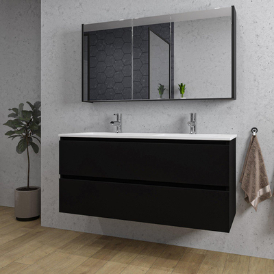 Saniclass Chaci Meuble de salle de bain - 120x46x55cm - lavabo en céramique blanc - 2 vasques - 2 trous de robinet - 2 tiroirs - armoire miroir - noir mat