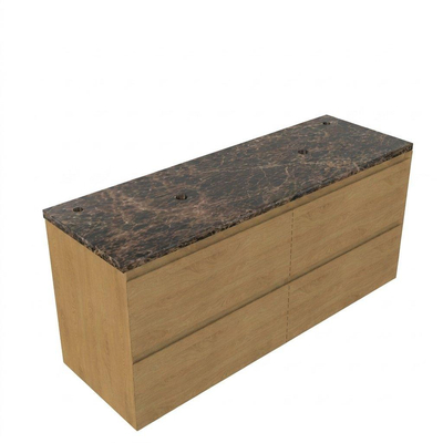 Saniclass Holz Pure Ensemble meuble de salle de bains - 140x45x63cm - Plan de travail en pierre naturelle Noche dark emperador - 2 trous de robinet - 4 tiroirs - chêne natural mat (bois)