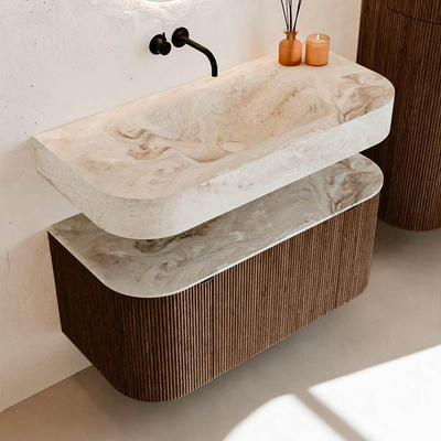 MONDIAZ THOR-DLUX 100cm badmeubel ronding links + rechts kleur Walnut met 1 lade en 2 deuren. Vrijhangende wastafel CLOUD Midden zonder kraangat kleur Frappe.