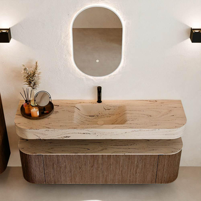 MONDIAZ THOR-DLUX 160cm meuble de salle de bains arrondi gauche + droite couleur Walnut avec 1 tiroir et 2 portes. Vasque suspendue CLOUD Milieu 1 trou de robinet couleur Arena.