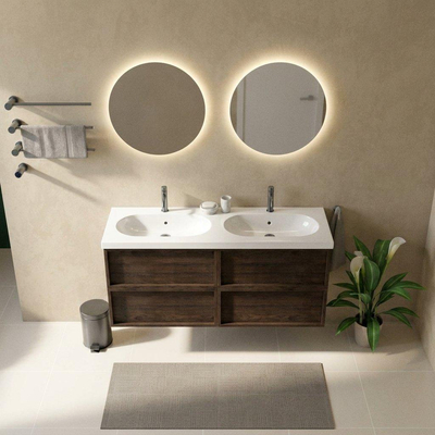 Saniclass Holz Frame Ensemble meuble de salle de bains - 140x45x63.5cm - lavabo Palermo en céramique blanc - 2 vasques - 2 trous de robinetterie - 4 tiroirs - chêne charcoal mat (bois)