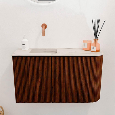 Mondiaz JOYA-DLUX 71.6cm toiletmeubel - ronding rechts kleur Ruby - Wastafel FAYE positie Links Zonder kraangat kleur Nata.