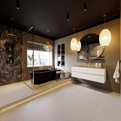 Mondiaz VICA-DLUX Ensemble meuble de salle de bains - 130cm - talc - 2 tiroirs - Lavabo encastré CLOUD - central - sans trou de robinet - couleur Lava - version XL 60cm de haut