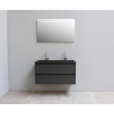 Basic Bella Meuble lavabo acrylique noir avec 2 trous de robinet avec miroir avec éclairage 100x55x46cm Flat Pack Anthracite mat