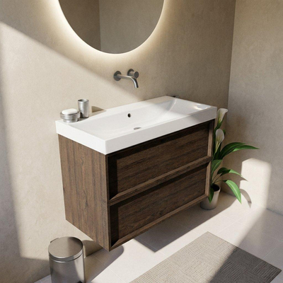Saniclass Holz Frame Ensemble de meubles de salle de bains - 100x45x67.5cm - Wave lavabo en céramique - 1 vasque - sans trou de robinetterie - 2 tiroirs - chêne charcoal mat (bois)