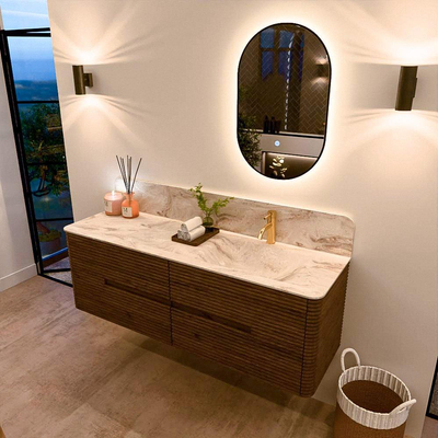 Mondiaz CIRO-DLUX Badkamermeubelset - 150x45x50cm - Solid surface wastafel Frappe - 1 wasbak Rechts - 1 kraangat - 4 lades - Dusk