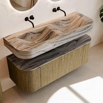 MONDIAZ THOR-DLUX 130cm meuble de salle de bains arrondi gauche + droite couleur Dusk avec 1 tiroir et 2 portes. Vasque suspendue CLOUD Double sans trou de robinet couleur Sombra.