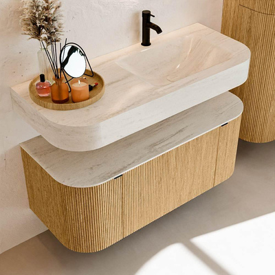 MONDIAZ THOR-DLUX 110cm badmeubel ronding links + rechts kleur Oak met 1 lade en 2 deuren. Vrijhangende wastafel CLOUD Rechts 1 kraangat kleur Meli.