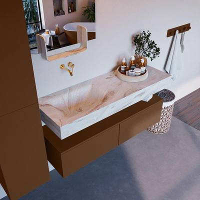 Mondiaz ALAN-DLUX Ensemble de meuble - 130cm - meuble Rust mat - 2 tiroirs - Lavabo Cloud Frappe suspendu - vasque Gauche - 0 trous de robinet